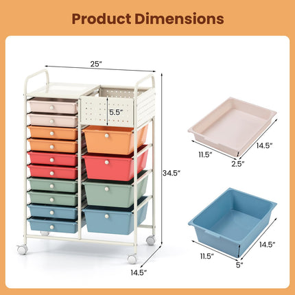 Dreamade 14 Drawer Storage Cart | Rolling Craft Cart with Metal Tabletop & Pegboard
