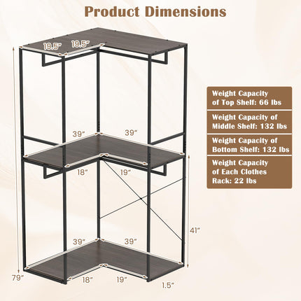 Dreamade Heavy Duty Clothes Rack | 3-Tier L-Shaped Garment Rack w/3 Open Shelves & 2 Hanging Racks