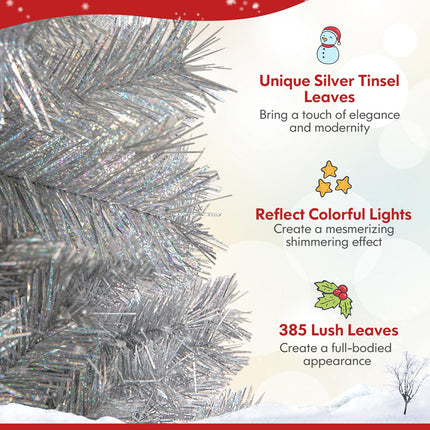 Dreamade 5ft / 6ft / 7 ft Pre-Lit Silver Tinsel Christmas Tree with Warm White LED Lights