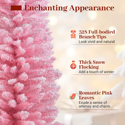 Dreamade 5ft / 6ft Pink Slim Pencil Christmas Tree | Snow Flocked Skinny Xmas Full Tree