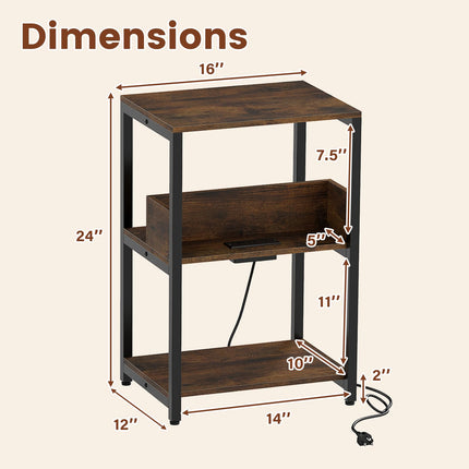 Dreamade Side Table with Charging Station - Industrial 3-Tier Bedside Table w/Open Storage Shelves
