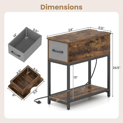Dreamade Narrow Side Table with Charging Station and LED Lights Industrial End Table