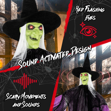 Dreamade 7.2 FT Halloween Animatronic Witch, Animated Standing Poseable Figure with Light up Eyes