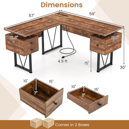 Dreamade L Shaped Desk with Drawers, 59” Large Computer Desk with Power Outlet