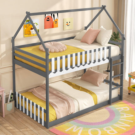 Dreamade Bunk Bed Twin Over Twin, Wood House Low Bunk Bed with Ladder & Fence Safety Guardrail