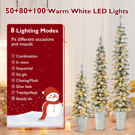 Dreamade 3' 4' 5' Pre-Lit Snow Flocked Christmas Tree Set of 3, Slim Pencil Artificial Potted Xmas Trees with 423 Branch Tips