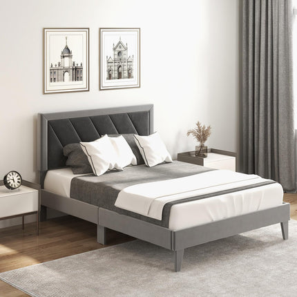Dreamade Full Size Velvet Bed Frame with Headboard, Modern Upholstered Platform Bed, No Box Spring Needed, Black & Gray