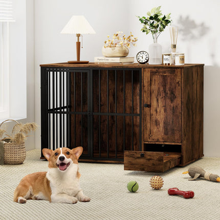 Dreamade 47.5" Dog Crate Furniture with Hidden Feeding Drawer & Side Storage Cabinet