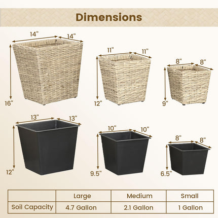 Dreamade 3-Piece Rattan Planter Box Kit with Removable Plastic Liners