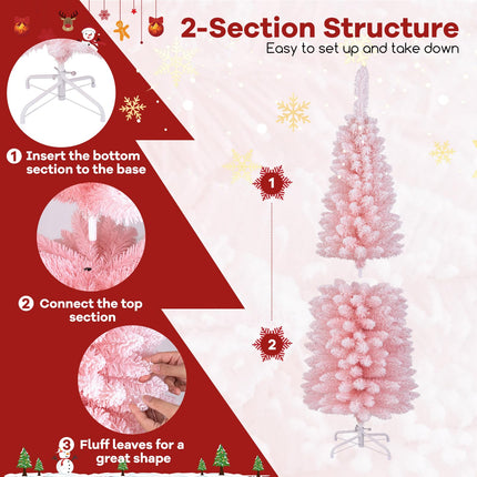 Dreamade 5ft Pink Slim Pencil Christmas Tree, Artificial Unlit Skinny Xmas Full Tree with 328 Branch Tips