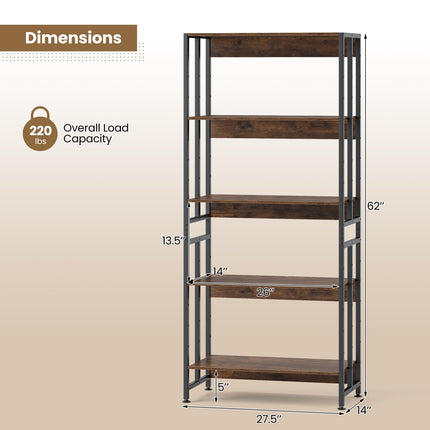 Dreamade 5-Tier Bookshelf, 62" Tall Bookcase w/Tiltable Shelves, Metal Frame, Convertible Display Storage Rack