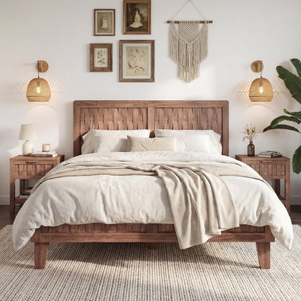 Dreamade Wood Bed Frame with Woven Headboard (Full/Twin/Queen)