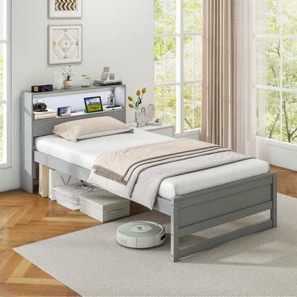 Dreamade Twin Bed Frames with Storage Headboard, Wood Platform Bed with Charging Station & LED Light