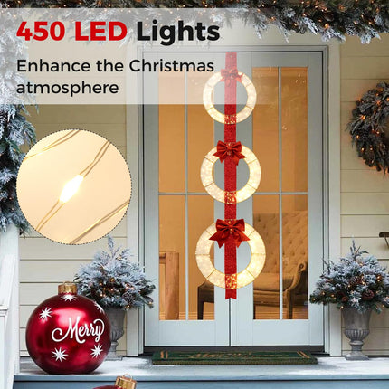 Dreamade Set of 3 Pre-Lit Wreaths, 5.8 FT Xmas Light-up Decorations on Red Ribbon with 450 LED Lights
