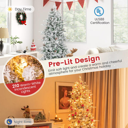 6ft Pre-Lit Snow Flocked Christmas Tree Artificial Hinged Xmas Tree with 210 Warm-White Incandescent Lights