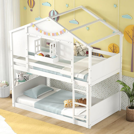 Dreamade Bunk Bed Twin Over Twin, Wood House Bed for Kids with Roof, Window Door, White