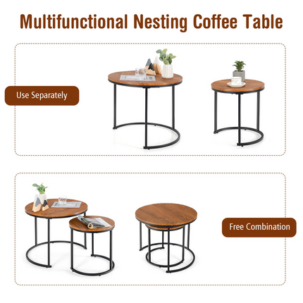 Nesting Coffee Table Set of 2, Round Stacking Side Tables w/Wooden Tabletop & Steel Frame