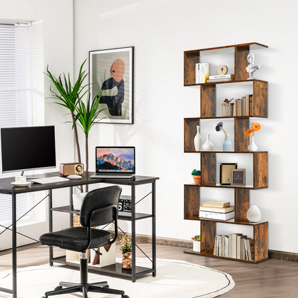 Dreamade Geometric Bookcase Rustic, Solid Wood S-Shaped Bookshelf