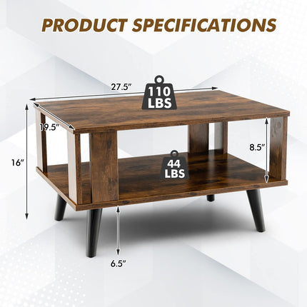 Dreamade Retro Wood Coffee Table, 2-Tier Tea Table w/Open Storage Shelf & Supportive Legs
