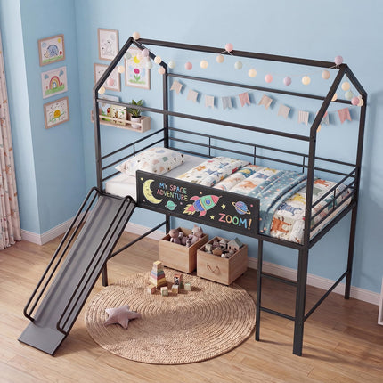 Dreamade Twin Size House Loft Bed | Low Loft Bedframe w/Roof