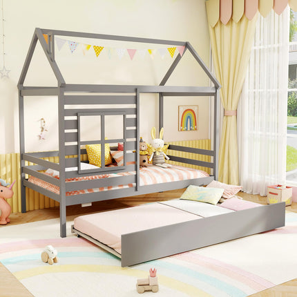 Dreamade Twin House Bed with Trundle Bed Twin, Wooden Twin Bed Frames with Roof, Chimney & Window