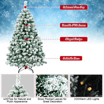 Dreamade 4.5ft / 6 ft / 7.5ft Artificial Snow Flocked Christmas Tree, Pre-Lit Snowy Hinged Xmas Tree with Led Lights and Metal Stand - DreamadeUS