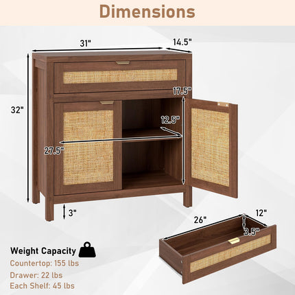 Dreamade Sideboard Buffet Cabinet Rustic Rattan Storage Cabinet w/ 2 Doors