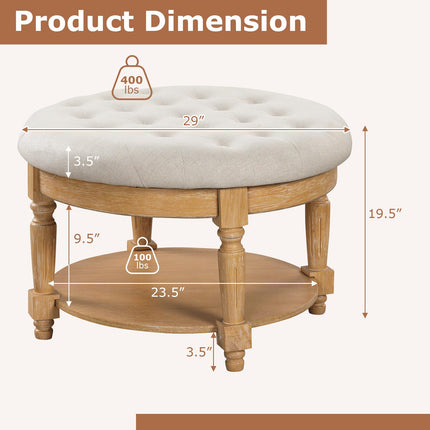 Dreamade Large Ottoman Coffee Table - 29 inch Oversized Round Ottoman with Storage Shelf, Flip up Top, Wood Legs