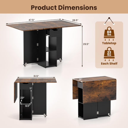 Dreamade 47.5" Folding Dining Table | Drop Leaf Wooden Dinner Table with 2-Tier Storage Shelf and Drawer