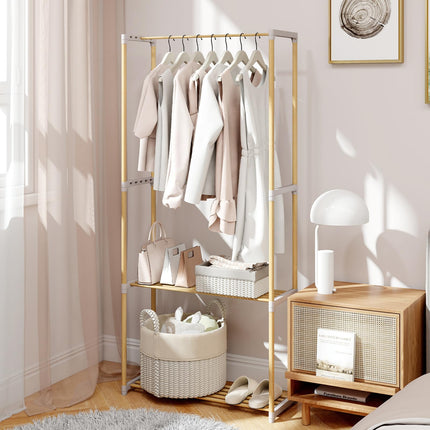 Dreamade Pine Wood Clothes Rack with 2-Tier Open Storage Shelf for Hanging Clothes