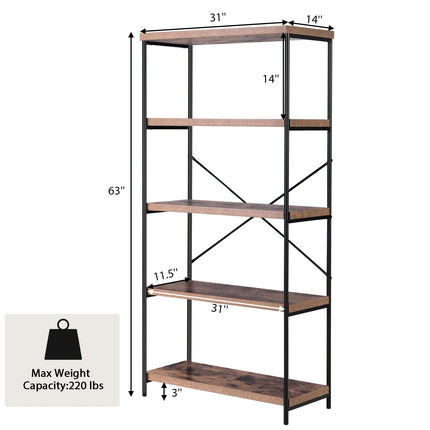 Dreamade Industrial 5-Tier Wood Bookshelf - 63’’ Tall Open Storage Organizer Shelves with Anti-Tipping Device and Foot Pads