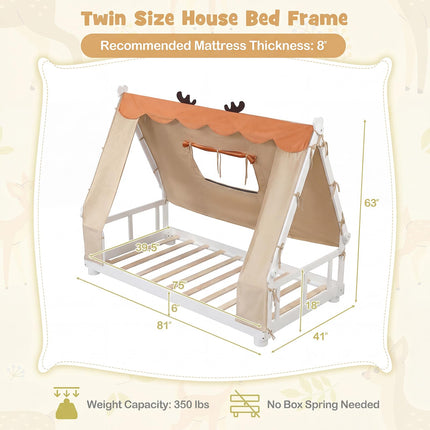 Dreamade Twin Size House Floor Wood Bed with Tent