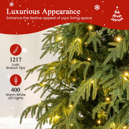 Dreamade 7 FT Pre-Lit Artificial Christmas Tree, Hinged Faux Xmas Tree with 1217 Soft TPE & PVC Mixed Branch Tips