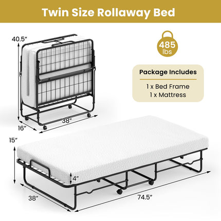 Dreamade Twin Folding Bed with Mattress, Roll Away Bed Portable Guest Bed w/Sturdy Metal Frame