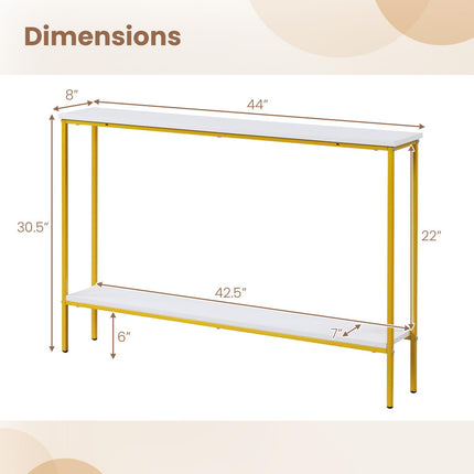 Dreamade Gold Console Table with Shelf, 44" Narrow Entryway Table w/Dual Anti-Tipping Kits & Golden Metal Frame