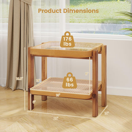 Dreamade Rattan Side Table, Boho End Table for Living Room, Narrow Bedside Table with Tempered Glass Top