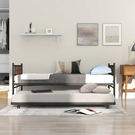 Dreamade Metal Daybed with Trundle, Twin Size Day Bed with Wood Grain Headboard & Metal Slat Support