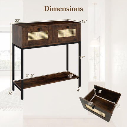 Dreamade Rattan Console Table 32" Boho Entryway Table with 2 Drawers