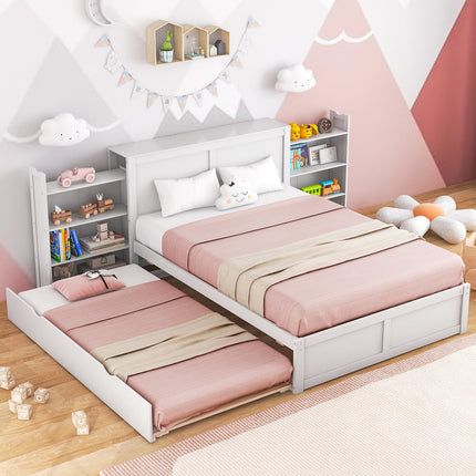 Dreamade Full Bed Frame with Twin Trundle, Wooden Bed Wooden Bed Frame with 2 Rolling Bookcases & High Headboard