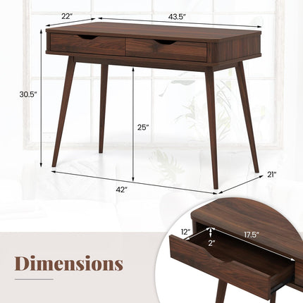 Dreamade Mid-Century Desk with 2 Drawers, 43.5" Writing Study Desk with Solid Rubber Wood Legs