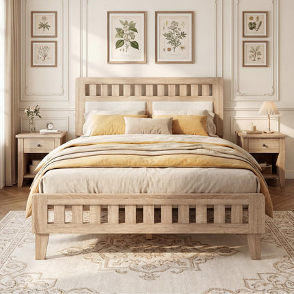 Dreamade Mid-Century Wood Bed Frame with Upholstered Headboard (Full/Twin/Queen)