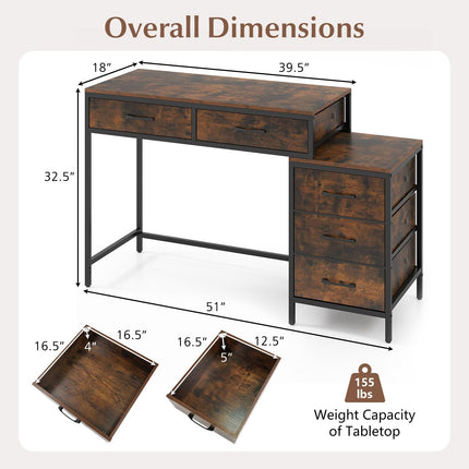 Dreamade Reversible Computer Desk with 5 Drawers