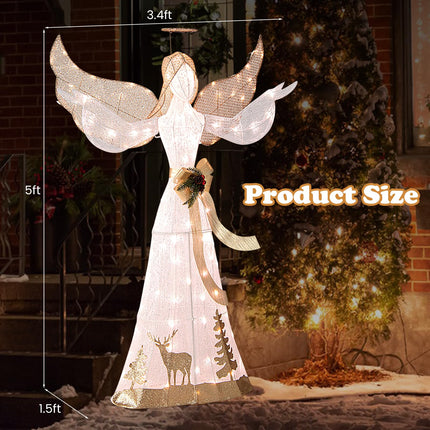 Dreamade Pre-lit 3D Glittered Angel with 100 Warm White Lights Halo Bow Ground Stakes