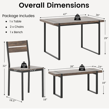 Dreamade 4-Piece Dining Table Set for 4 with 1 Bench and 2 Chairs
