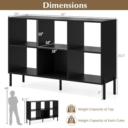 Dreamade 6 Cube Bookcase, 3-Tier 47" Long Wood Bookshelf w/ 5 Metal Legs, Adjustable Shelf, Anti-toppling Device