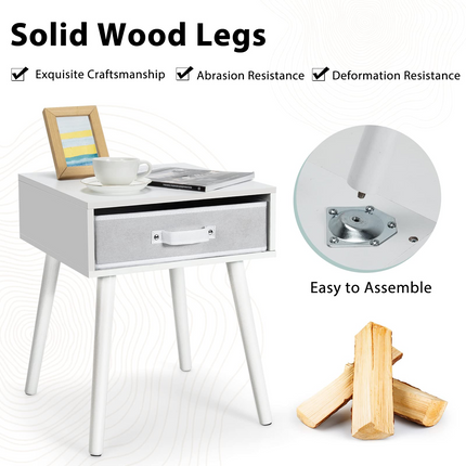 End Table Accent Bedside Table W/ 1 Removable Fabric Drawer and Solid Wooden Legs