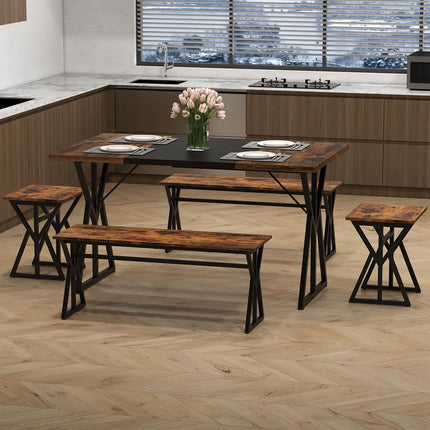 Dreamade 55" Kitchen Table with 2 Benches & 2 Stools with X-Shaped Metal Frame