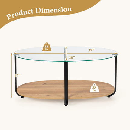 DREAMADE 2 Tier Glass Coffee Table, Oval Modern Home Furniture w/Open Storage Shelf & Sturdy Metal Legs