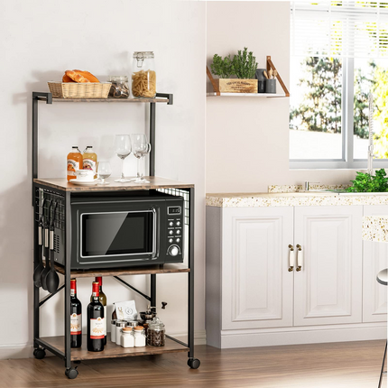 Dreamade Kitchen Baker Rack on Wheels, Industrial Utility Storage Shelf, with 3 Hooks (Rustic Brown)