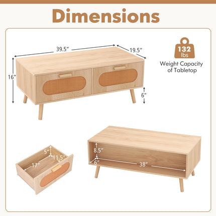Dreamade Rattan Coffee Table, Mid Century Modern Center Table with 2 Storage Drawers & Back Compartment